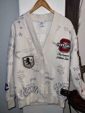 Vintage Champion Cream Patchwork Graphic Cardigan